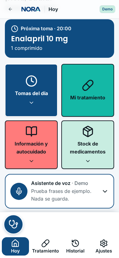 Captura verificada de Hoy: Enalapril 10 mg a las 20:00, cuatro accesos completos y asistente de voz Demo